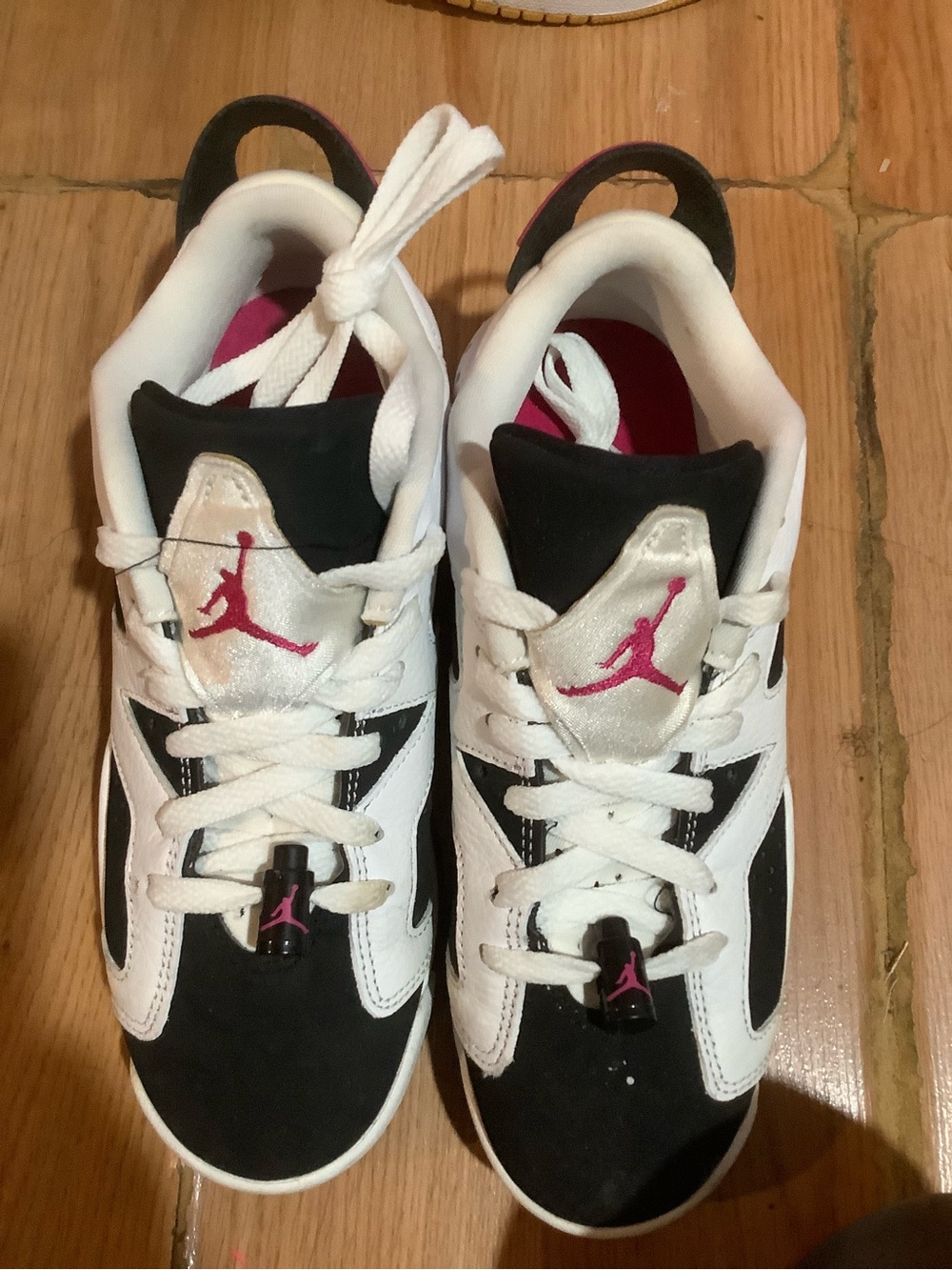 Womens White and Black Jordans Shoes with Pink Accent
